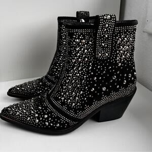 ISNOM Black Studded Rhinestone western Ankle Boots size 7